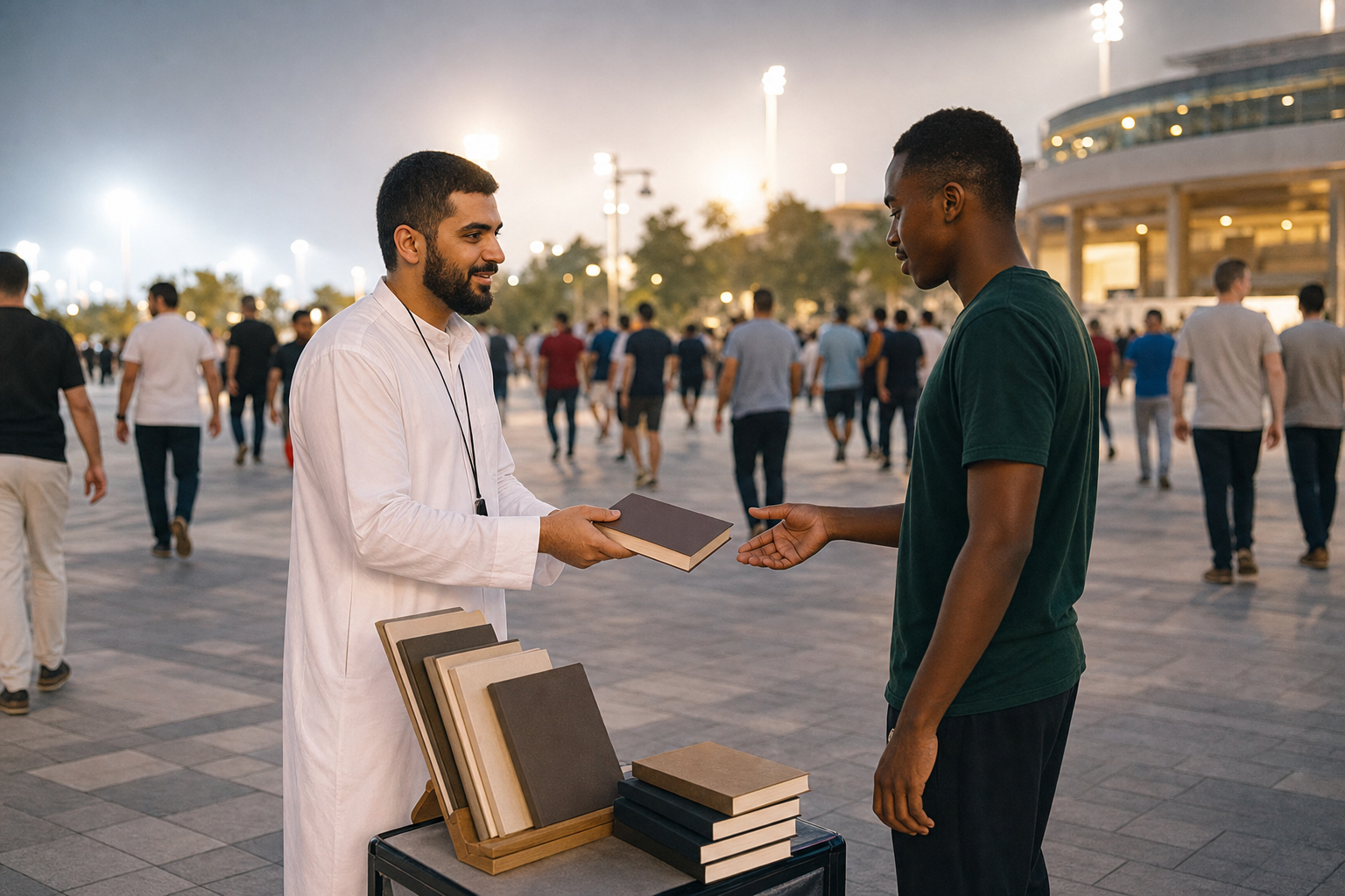 A volunteer respectfully offers a small book to an interested visitor at the quiet edge of an evening football plaza.