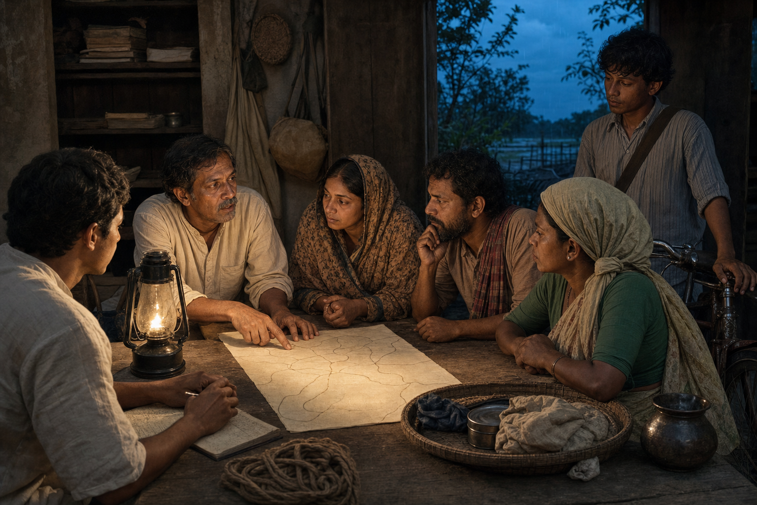 Bengali civilians gather around a wooden table in a lamplit village home to coordinate routes and supplies.