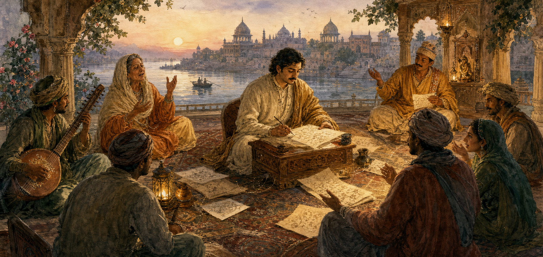 A poet-scribe works on folios while singers, musicians, reciters, and listeners gather around a riverside veranda.