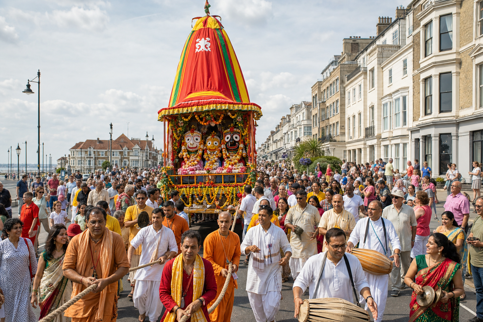 A decorated Jagannath chariot moves along a Southend high street as devotees pull ropes, play instruments and dance among watching families.