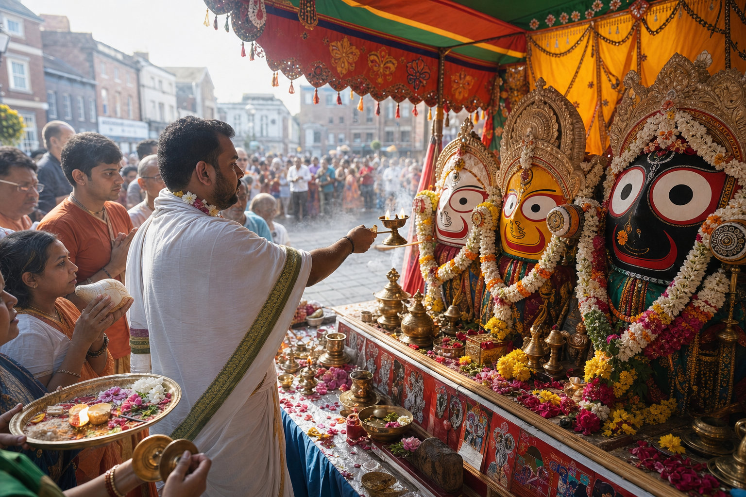 A priest offers a brass arati lamp before the garlanded Jagannath deities while devotees pray beside the stationary festival chariot.