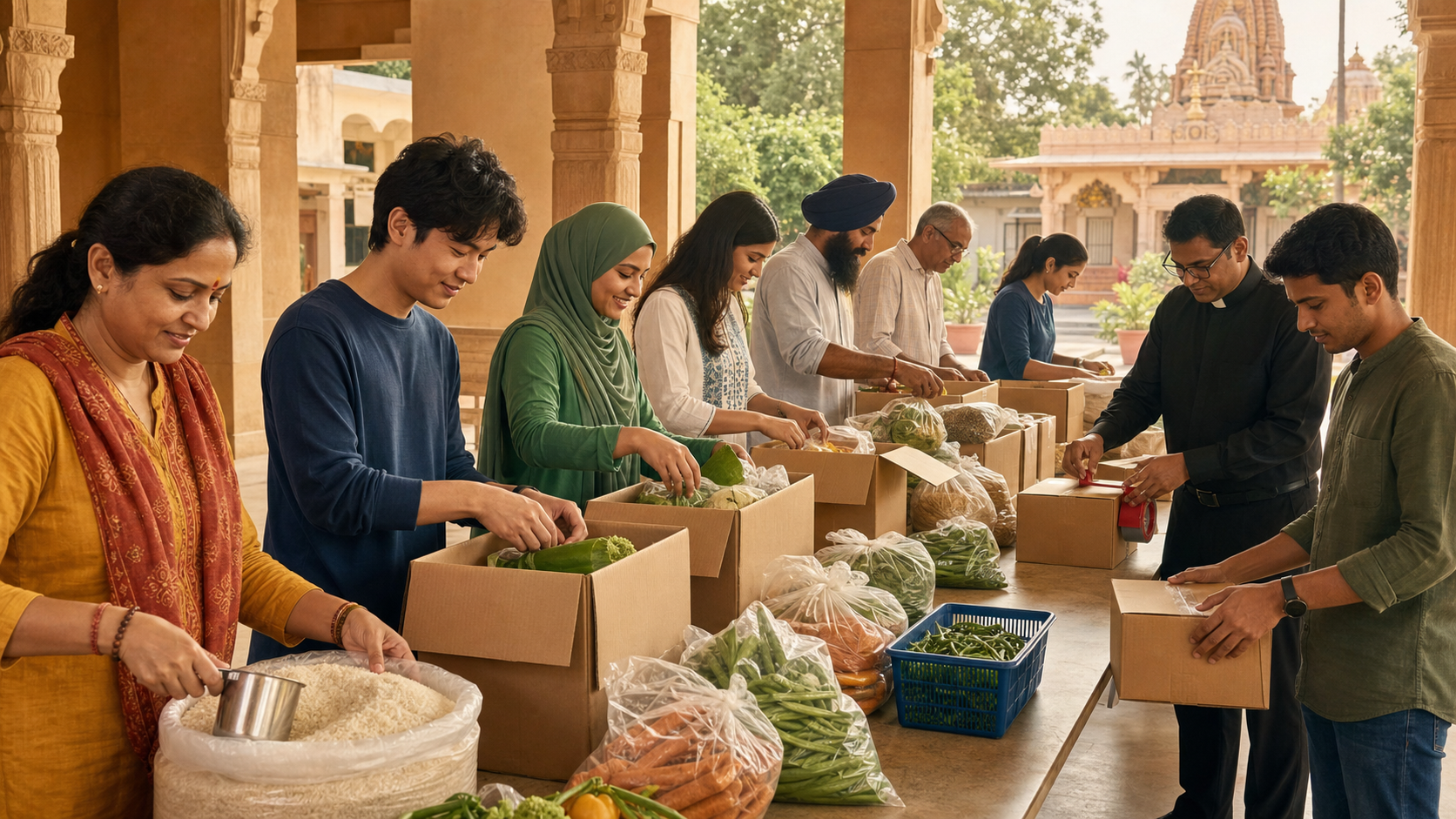 Volunteers from several religious communities assemble food parcels together at a long table in a sunlit hall beside a mandir courtyard.