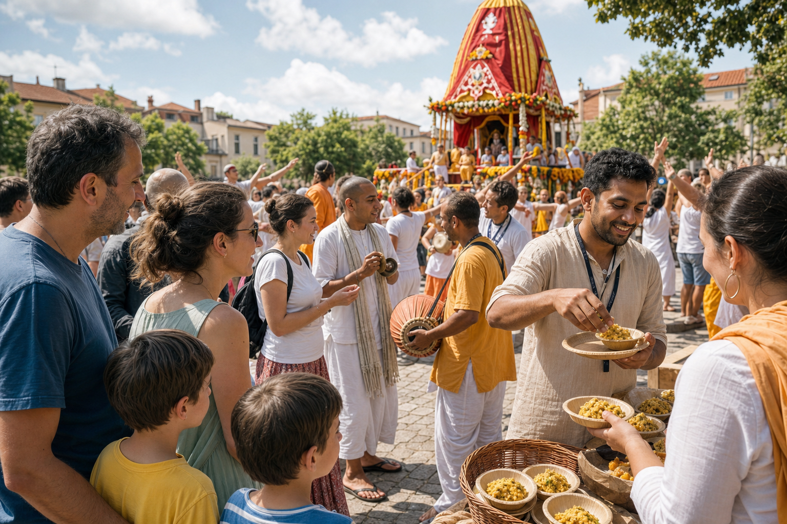 Visitors watch the procession, receive vegetarian food, speak with devotees and join music and dancing near the chariot.