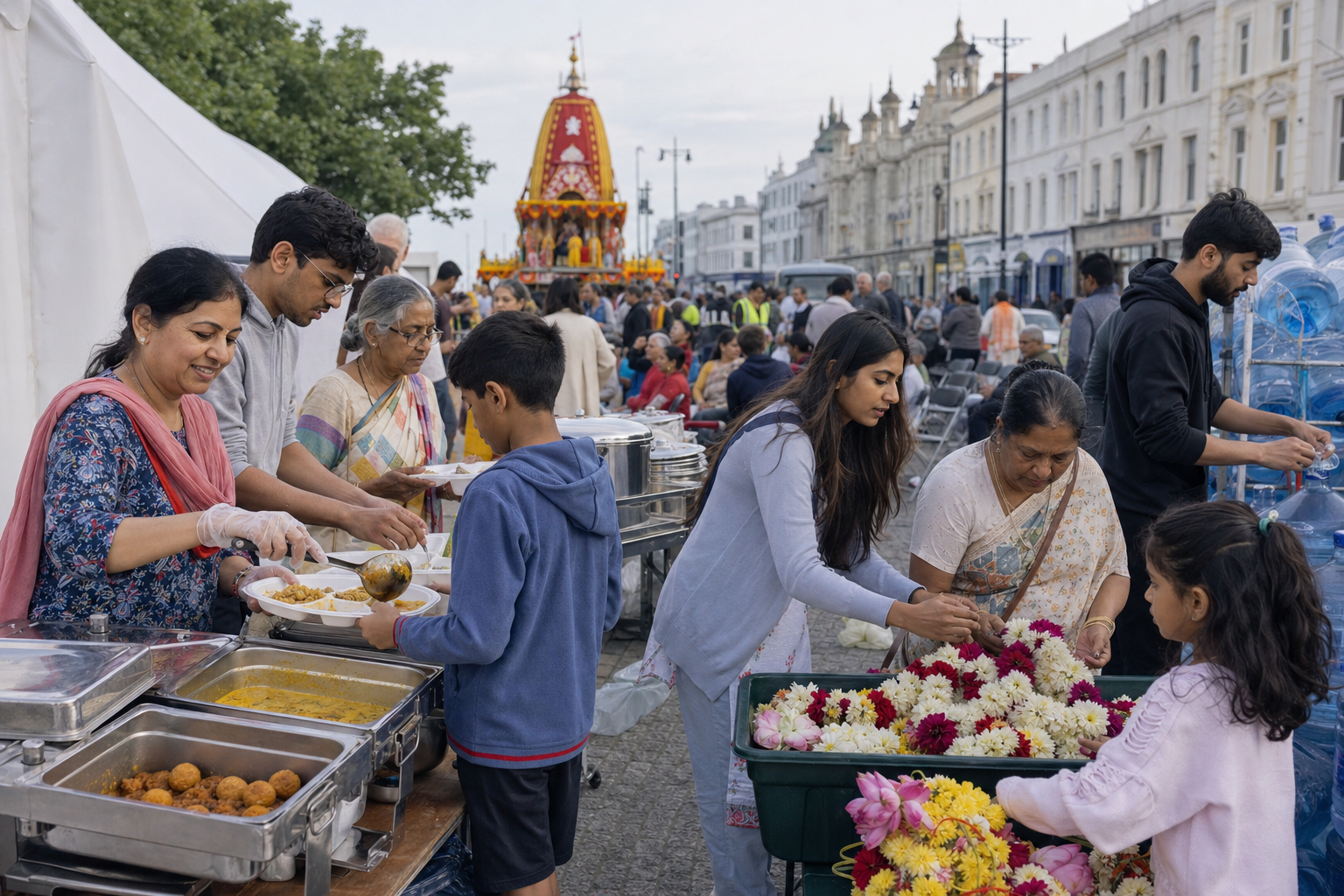 Volunteers of different ages serve prasadam, arrange garlands and support families while the Jagannath chariot stands farther along the street.