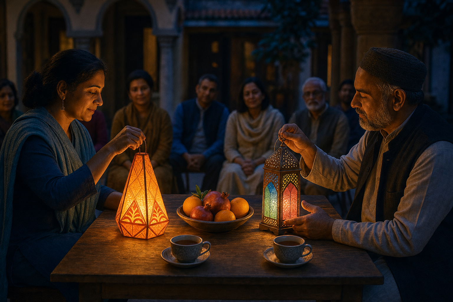 Two people sit across a table with separate glowing lanterns whose light overlaps around tea and a bowl of fruit.