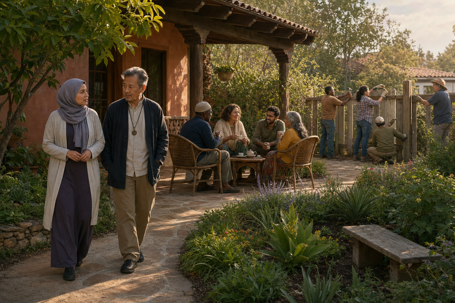 A courtyard scene shows two people walking, a small group talking over tea, and another group repairing a garden fence together.