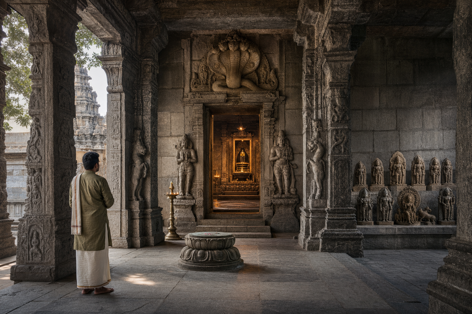 A visitor observes sacred sculptures, serpent imagery, lamps, and an illuminated inner shrine from the pillared hall of a Hindu temple.