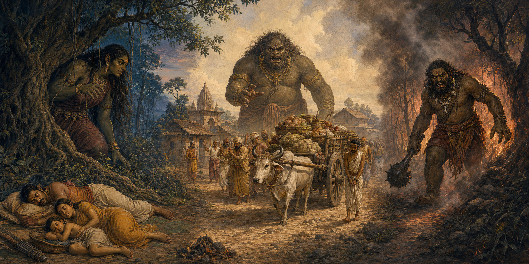 Three connected scenes show Hidimba stalking a sleeping family, Baka receiving a village food cart and victim, and Kirmira blocking a forest path.