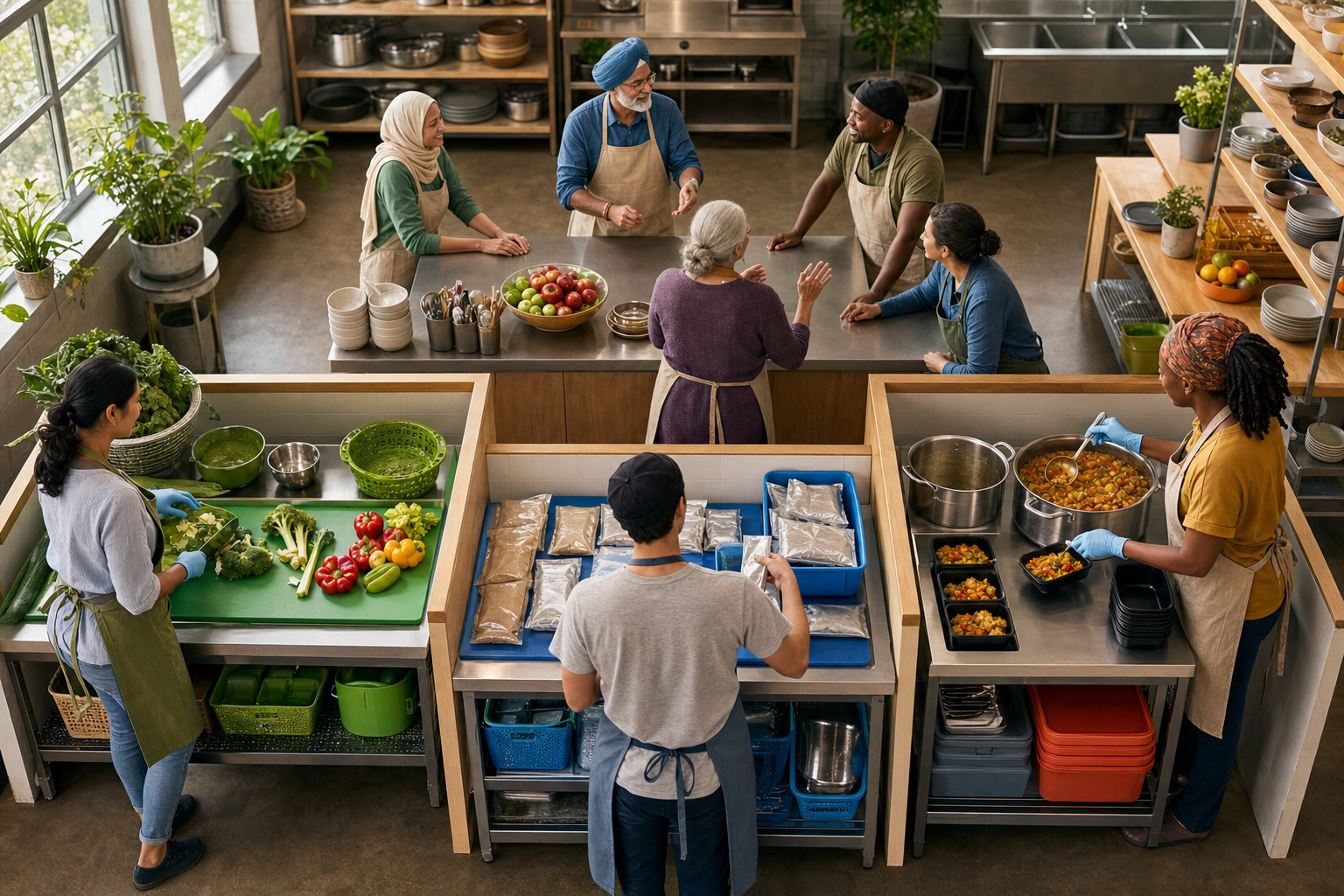 Volunteers coordinate in a community kitchen with separate preparation stations, utensils, ingredients, and a shared central service counter.
