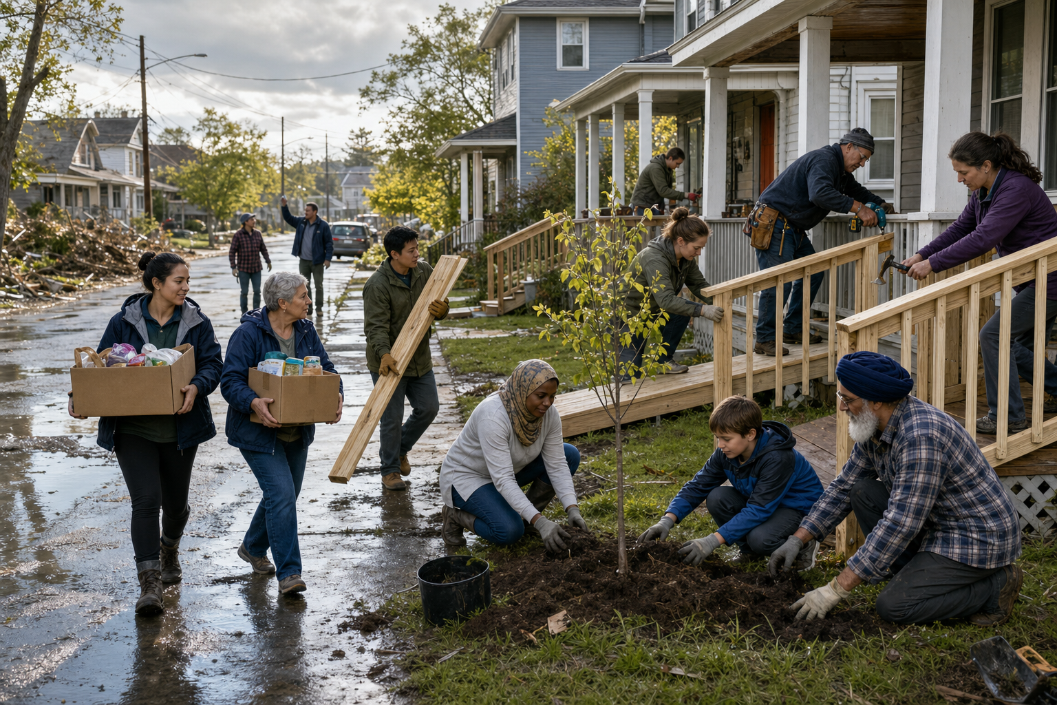 Interfaith volunteers repair a porch, deliver grocery boxes, and plant a tree in a neighborhood after storm damage.
