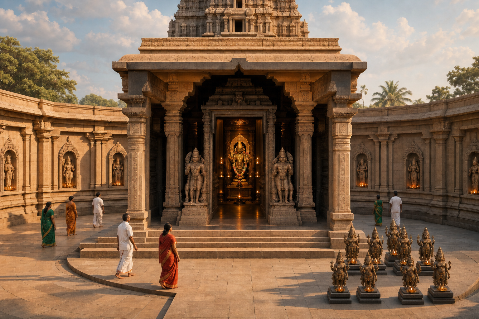A cutaway view of a Hindu temple shows the principal shrine deep inside, smaller niche deities along the hall, and nine planetary figures in an outer area.