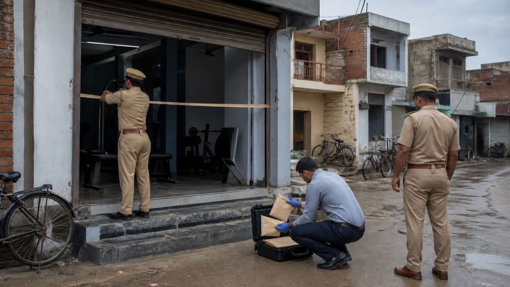 Police officers and an investigator secure an unbranded neighborhood gym entrance while collecting sealed evidence packets on a Mirzapur street.