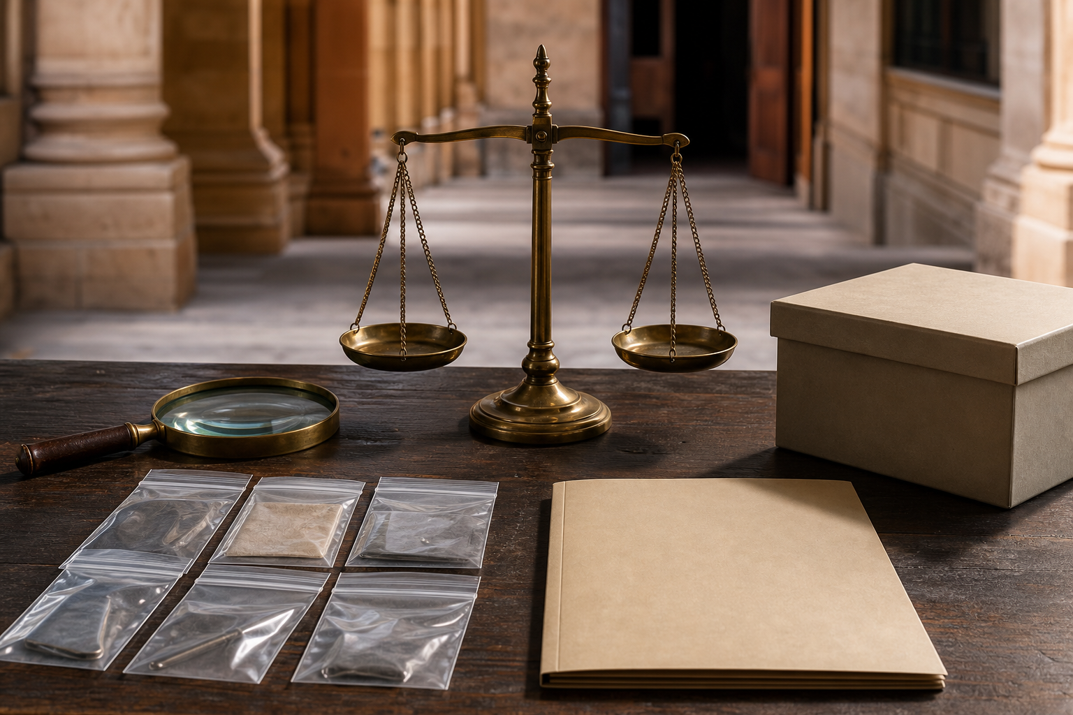 A justice scale, magnifying glass, sealed evidence sleeves, blank case folder, and evidence box sit before a courthouse corridor.