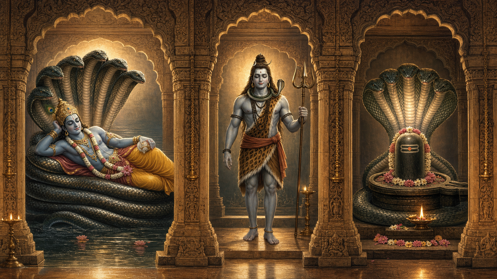 Three temple scenes show Vishnu beneath a many-hooded serpent canopy, Shiva with a cobra around his neck, and a linga sheltered by a multi-hooded naga.