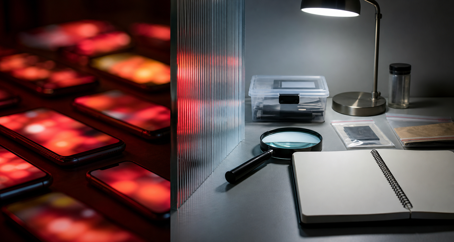 Blurred smartphones emitting red light are separated by glass from an orderly desk with sealed evidence and a magnifying glass.