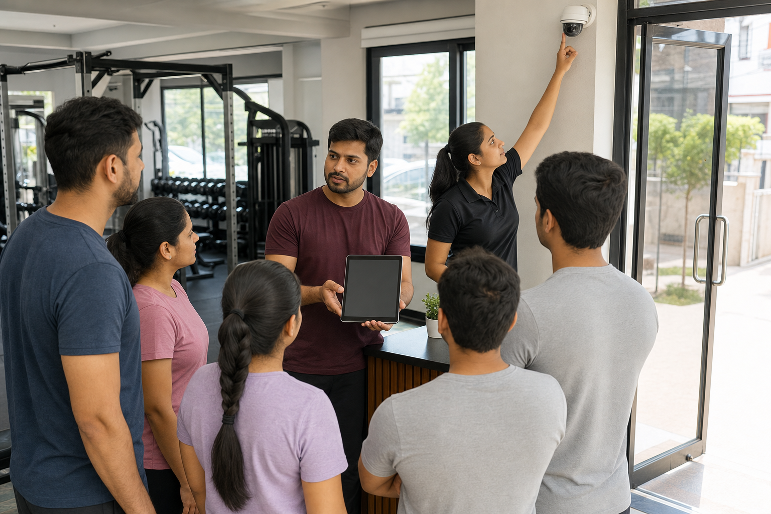 Gym staff and adult members review a blank check-in tablet and safety measures in a bright, orderly reception area.