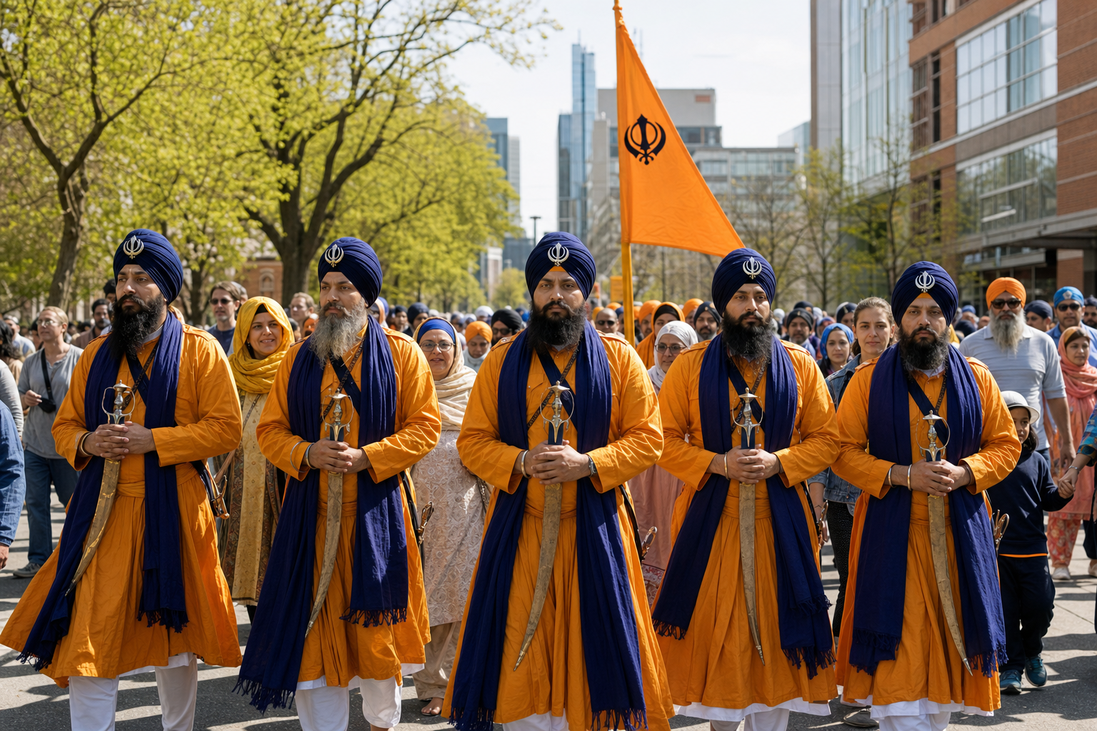 The Panj Pyare lead a multigenerational Baisakhi procession carrying a saffron Nishan Sahib through a modern city street.