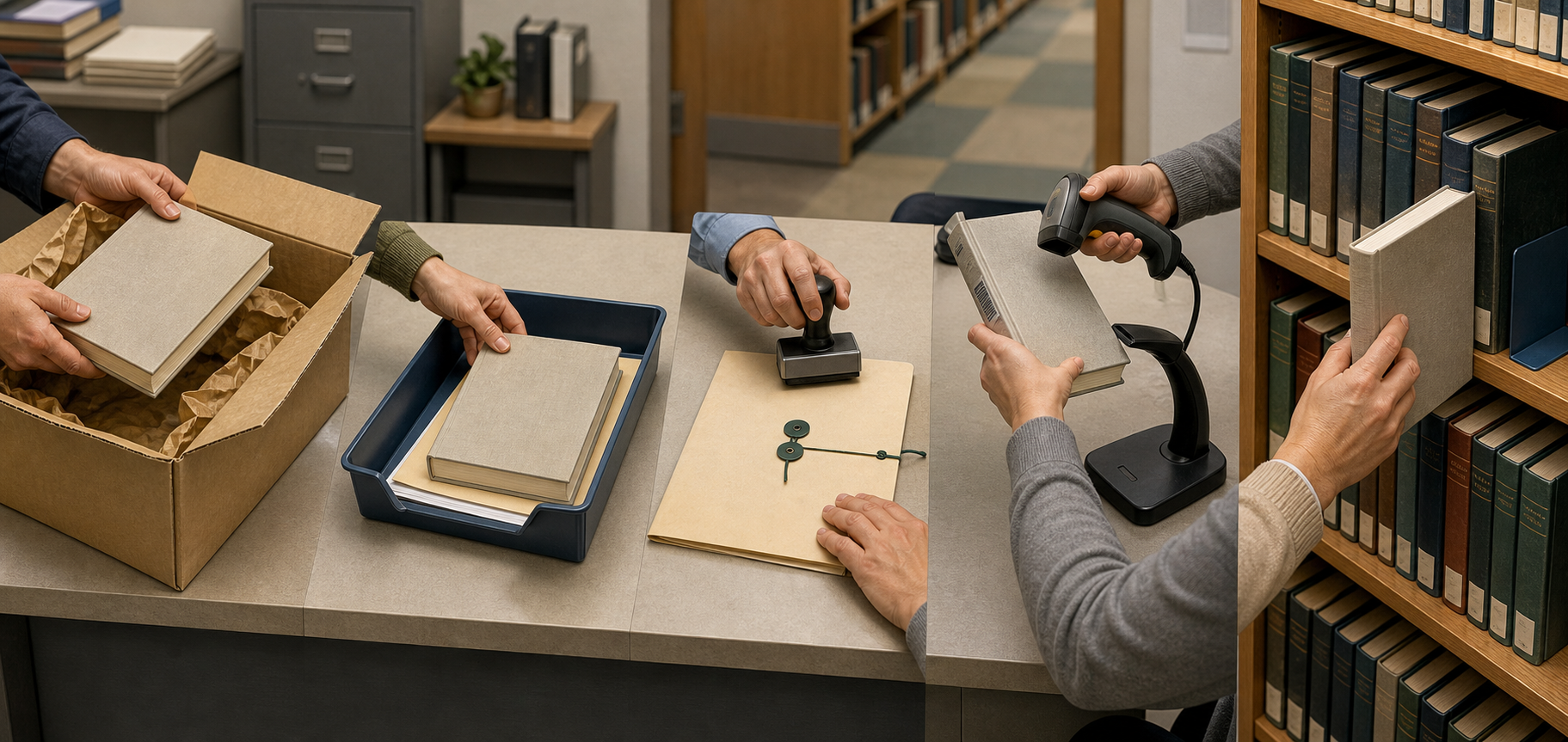 An unmarked book passes through review, approval, inventory, and shelving stages on an administrative table.