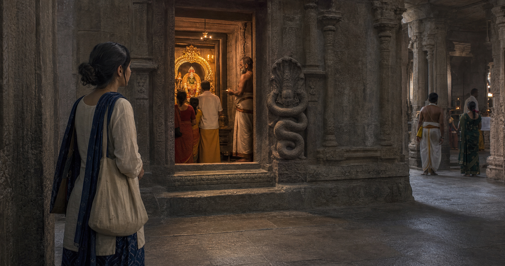 A visitor quietly studies a shrine's central deity, attendant figure, serpent carving, threshold, and surrounding temple space while devotees pass nearby.