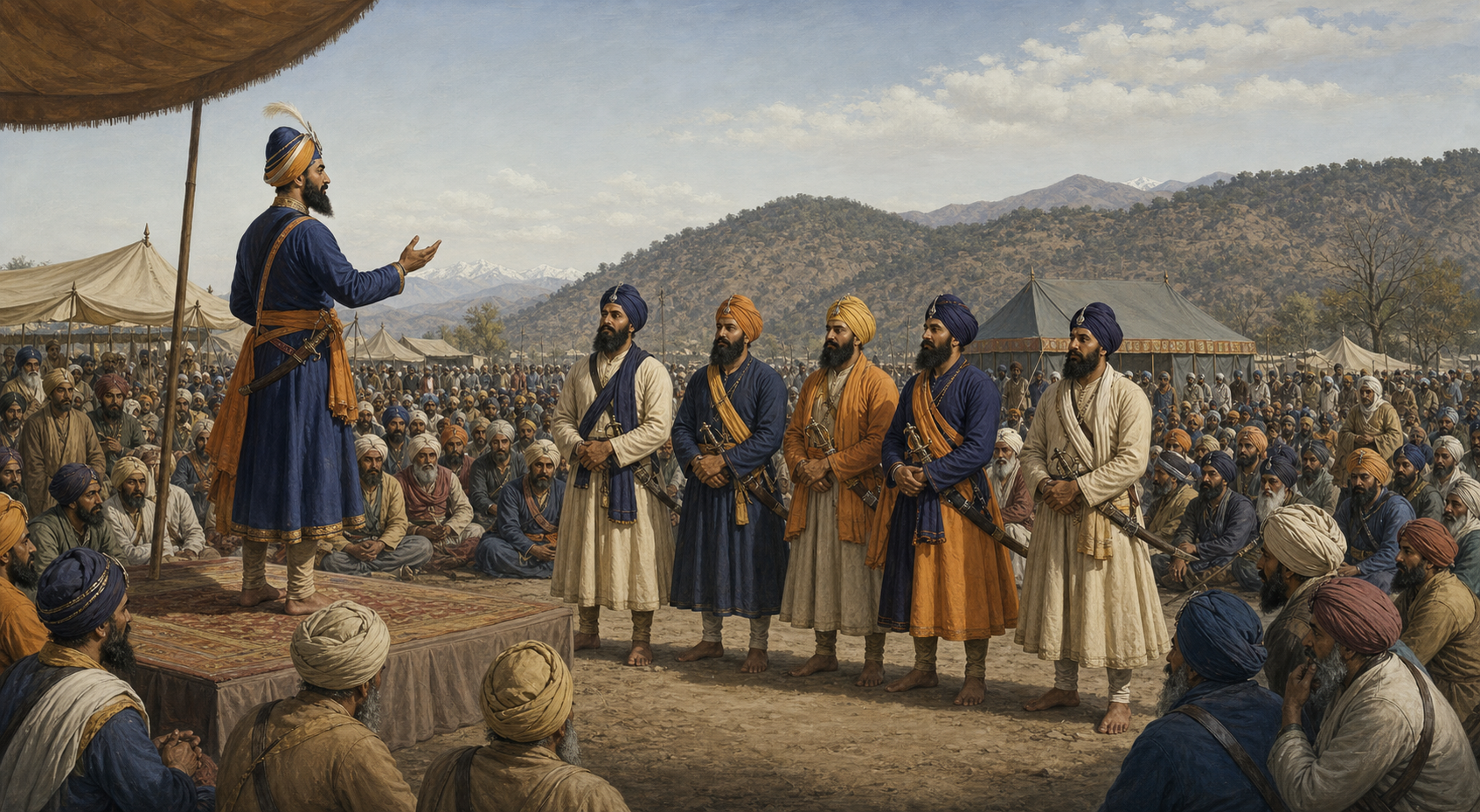Historical illustration of Guru Gobind Singh addressing the 1699 Vaisakhi congregation at Anandpur with five Sikh volunteers standing nearby.