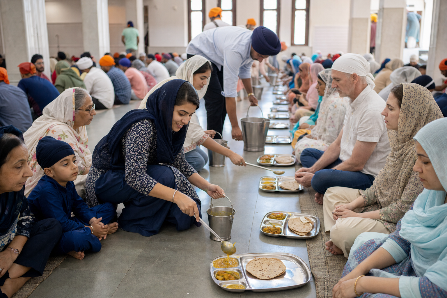 Volunteers serve a vegetarian langar meal to rows of people seated together on the floor in a gurdwara hall.