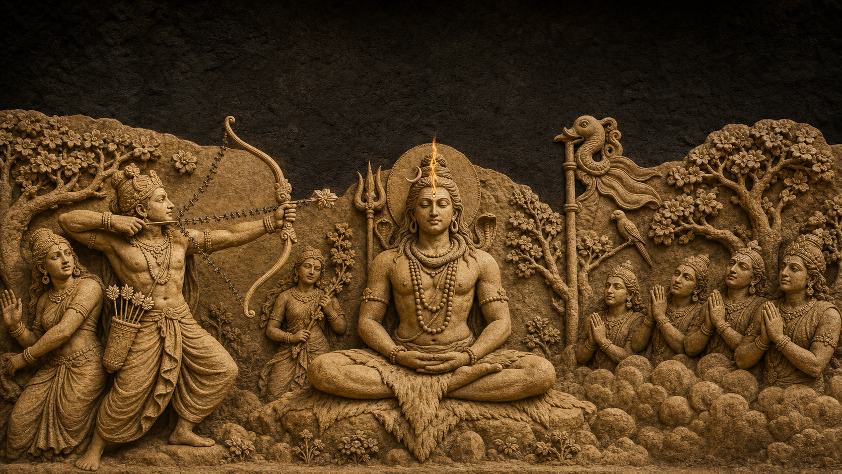Reconstructed sandstone relief showing Kama aiming a flower arrow at meditating Shiva as fire emerges from Shiva's third eye, with Rati, spring blossoms, and celestial witnesses nearby.