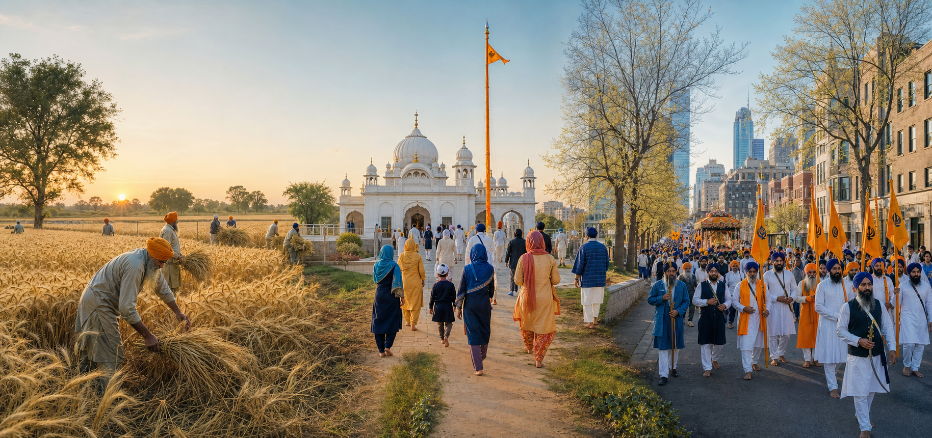 A panoramic composite shows a Punjab wheat harvest, a family approaching a gurdwara, and a Sikh procession in a modern global city.