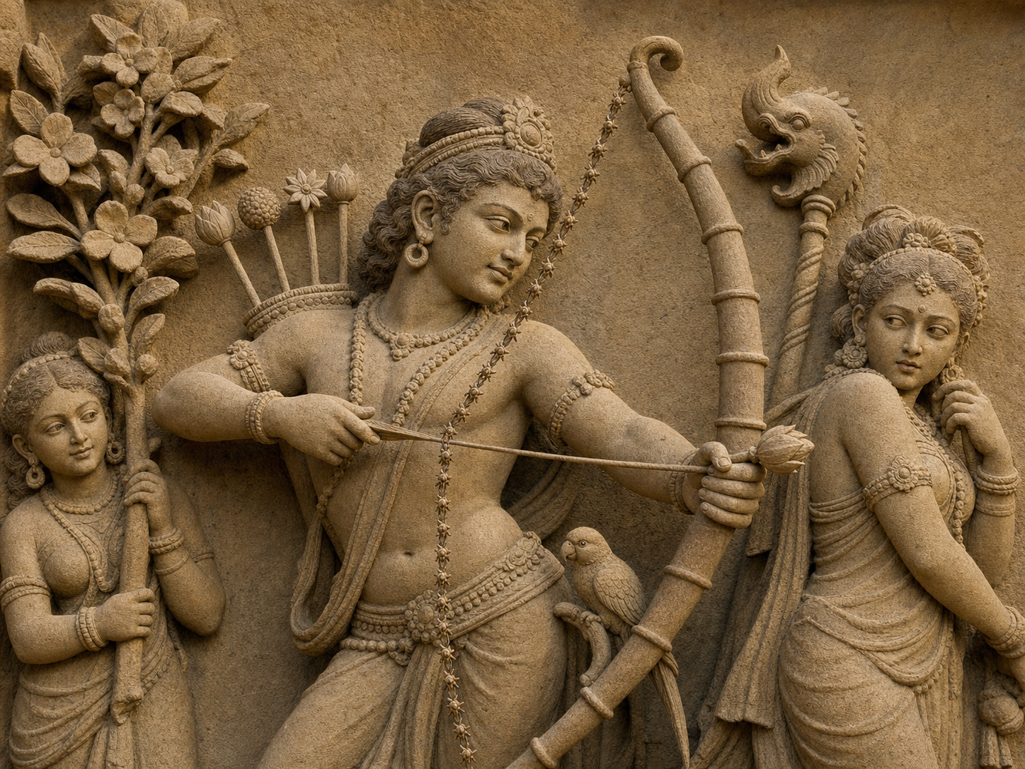 Close view of Kama holding a sugarcane bow with a bee bowstring and flower arrows, accompanied by Rati, a flowering branch, a parrot, and a makara-topped standard.