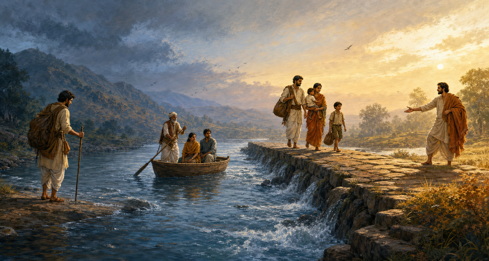 A continuous river landscape shows a traveler assessing a ford, companions in a boat, a family on a stone causeway, and a person helping someone from the far bank.