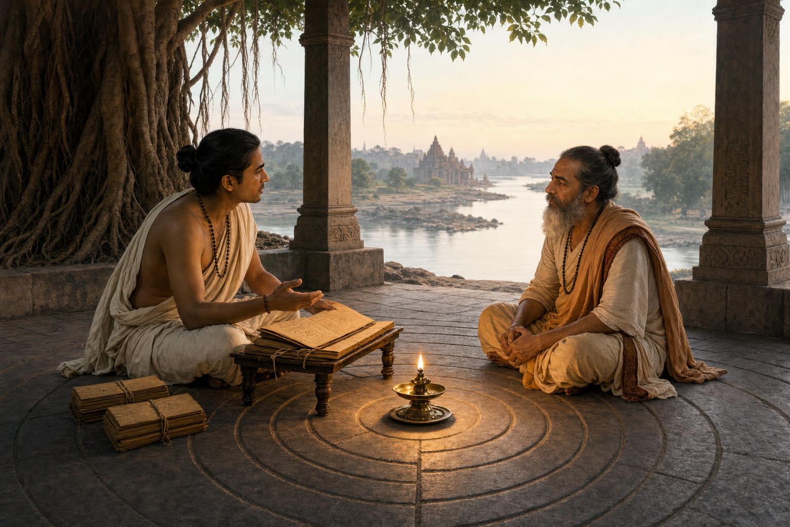 A seeker and teacher sit in dialogue beside an oil lamp in an open pavilion, with paths in the stone floor converging toward the light.