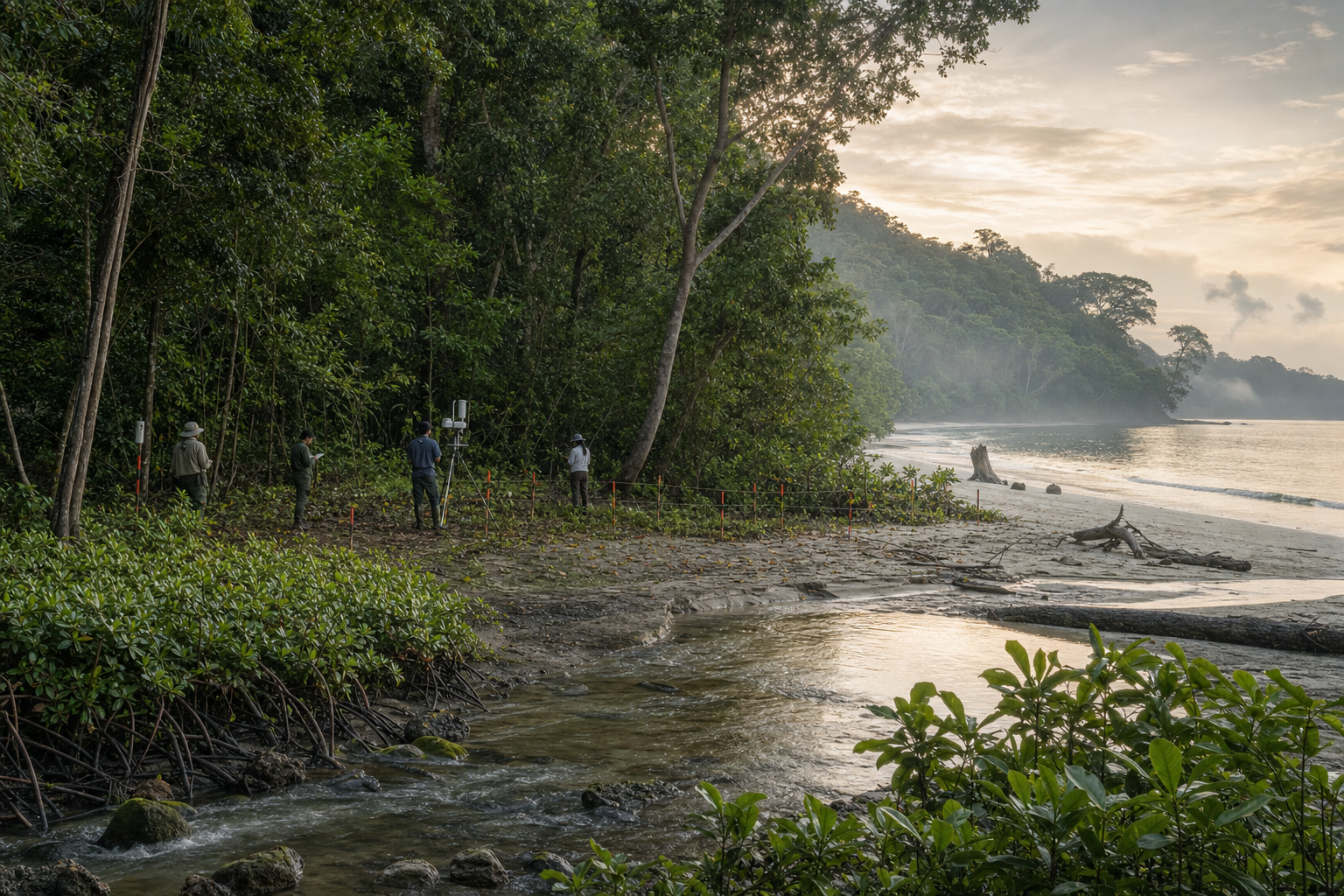 A small monitoring team examines a construction buffer beside intact rainforest, mangroves, freshwater habitat and a nesting beach.