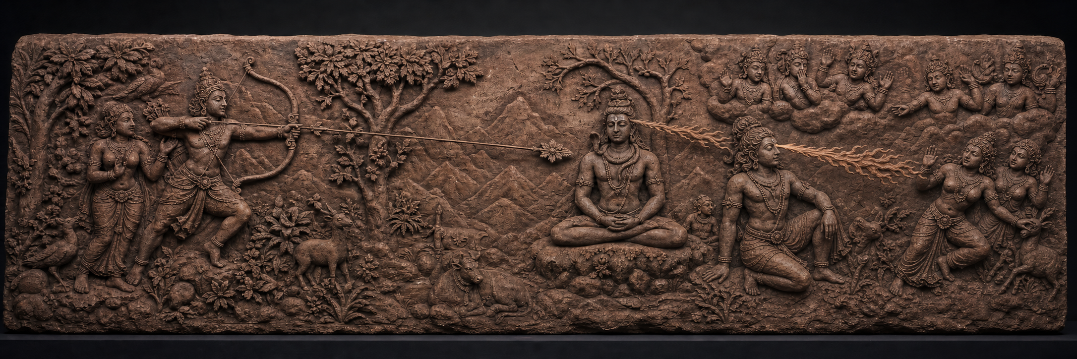 Long stone frieze showing successive moments as Kama approaches and aims at meditating Shiva, followed by Shiva opening his third eye while Rati and celestial witnesses react.