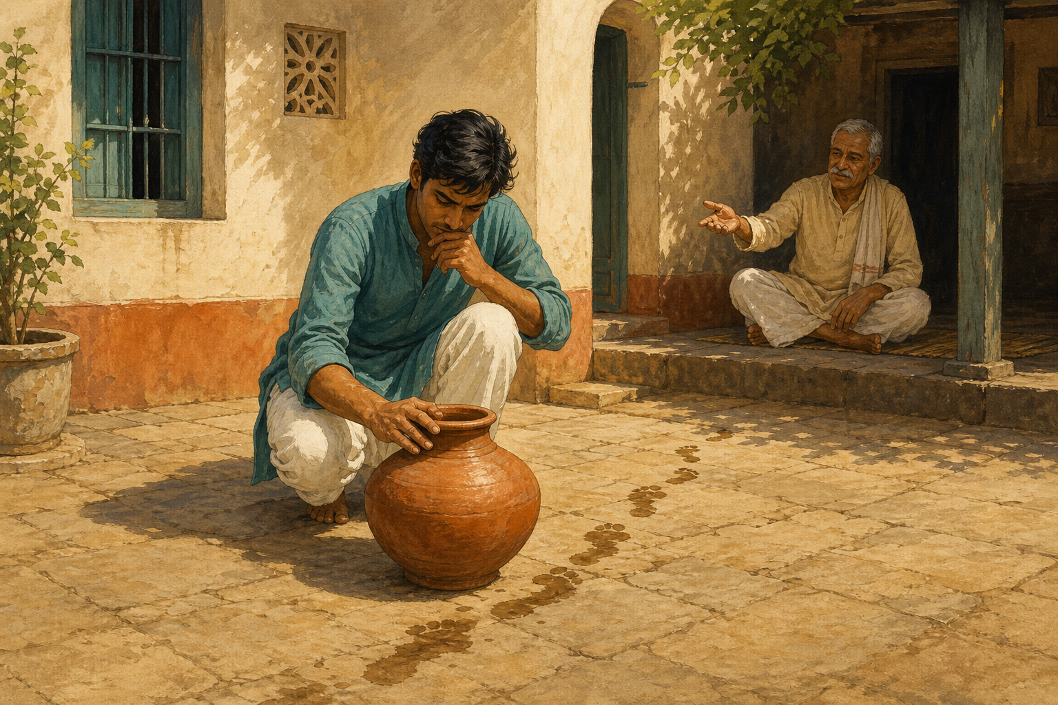 An inquirer studies a clay water pot while wet footprints, an elder's gesture, and quiet reflection suggest several ways of gaining knowledge.