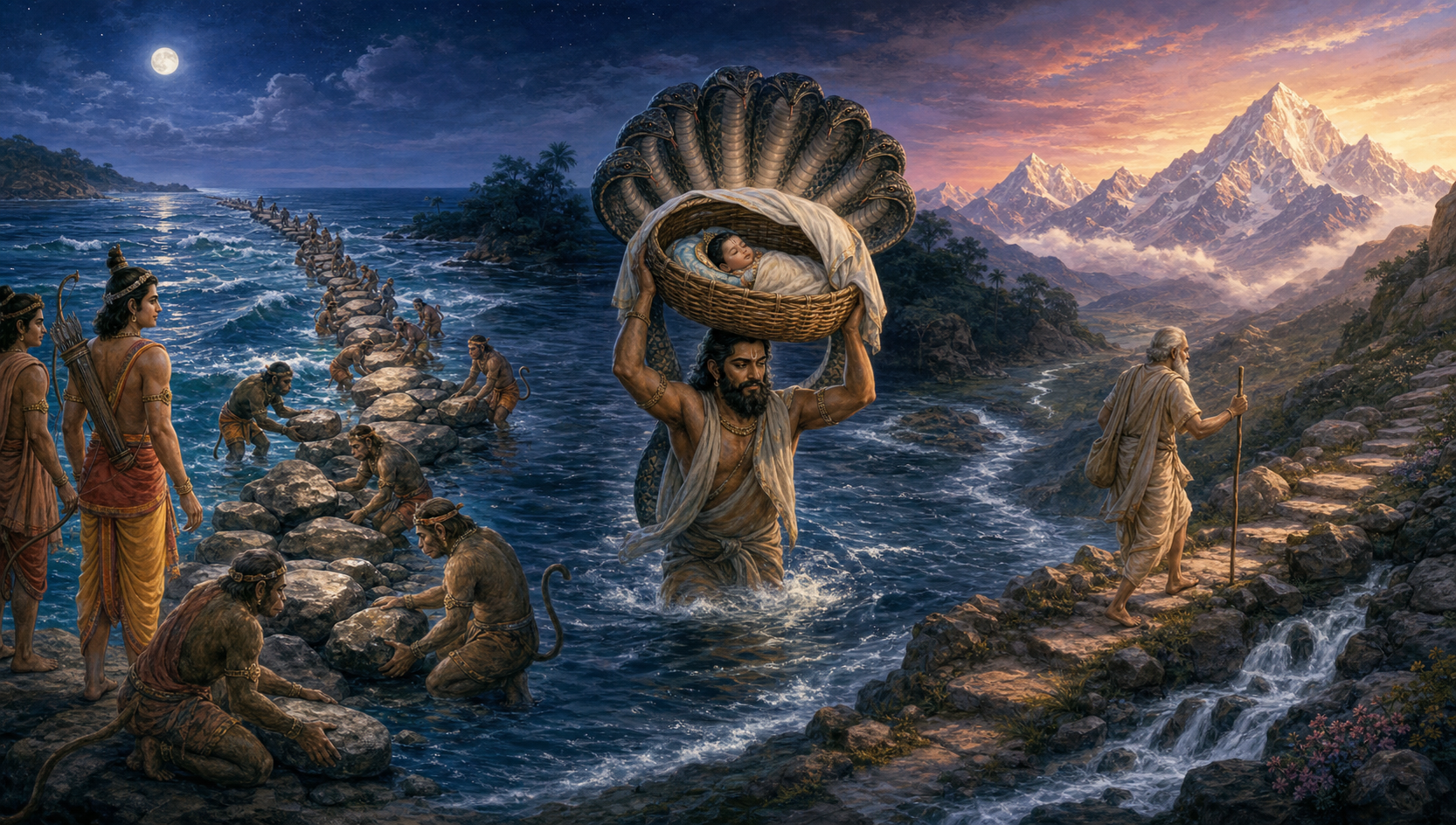 Three connected scenes show a community building an ocean causeway, a father carrying an infant through a flooded river, and an elderly pilgrim crossing a mountain pass.