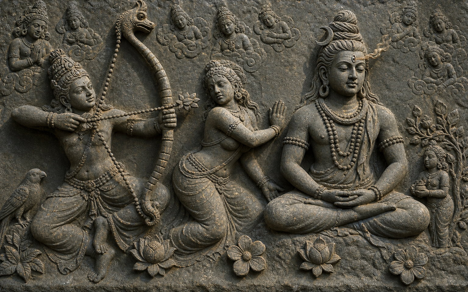 Schist relief detail aligning Kama's sugarcane bow and flower arrow with Rati's distressed gesture and the flame at Shiva's open third eye, surrounded by smaller supporting attributes.