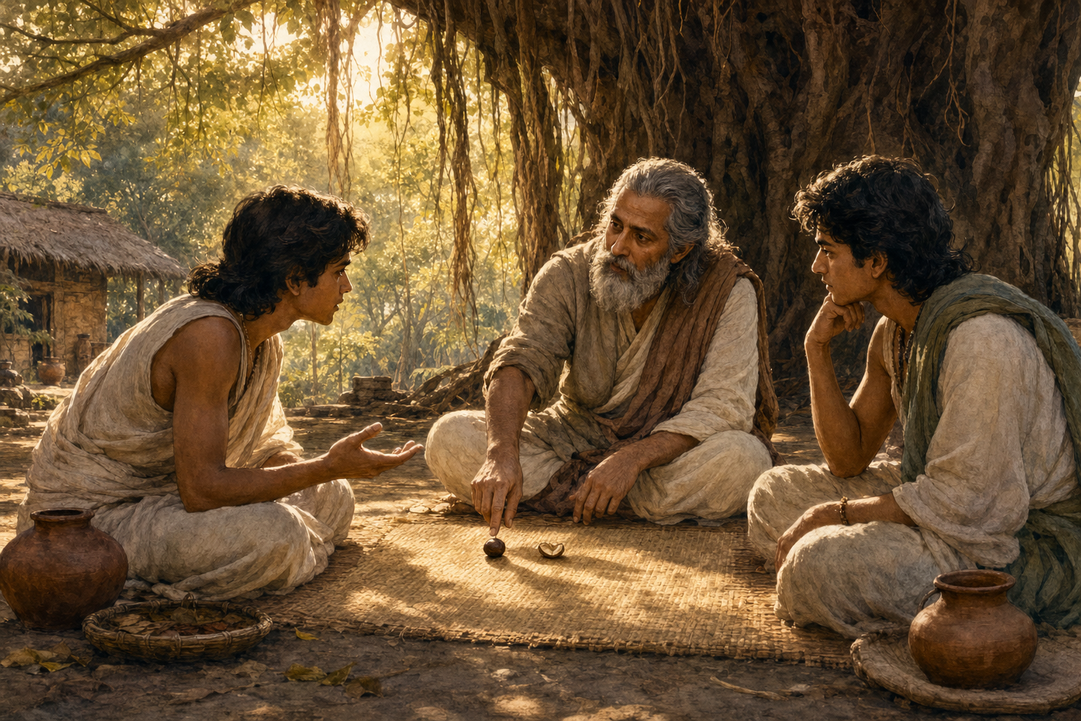 A student questions a teacher beneath a banyan tree as they examine a whole seed and a split seed on a mat.
