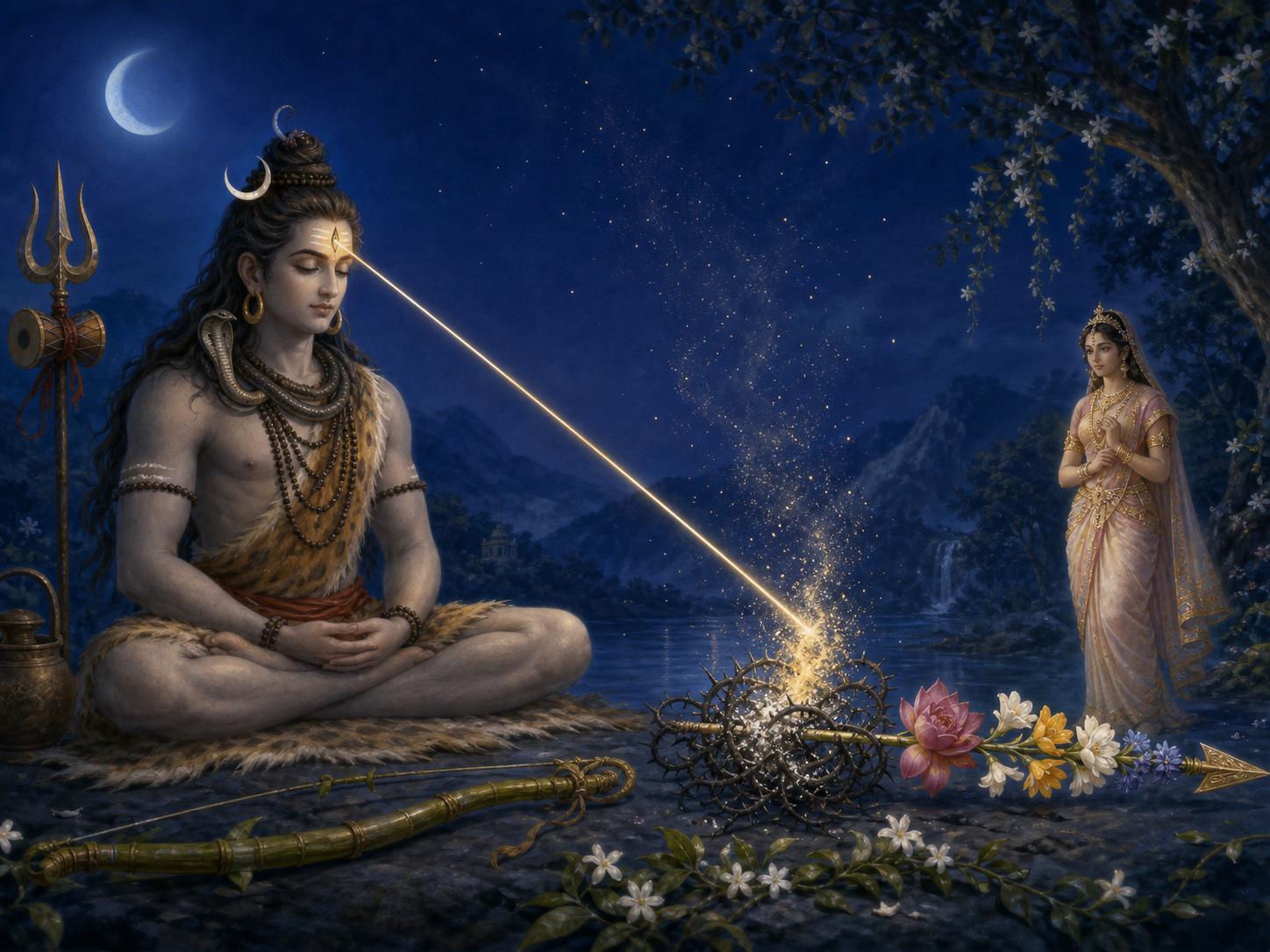 Meditating Shiva directs a small flame toward thorny vines knotted around a flower arrow, while the blossoms, sugarcane bow, jasmine, and Rati remain unharmed.