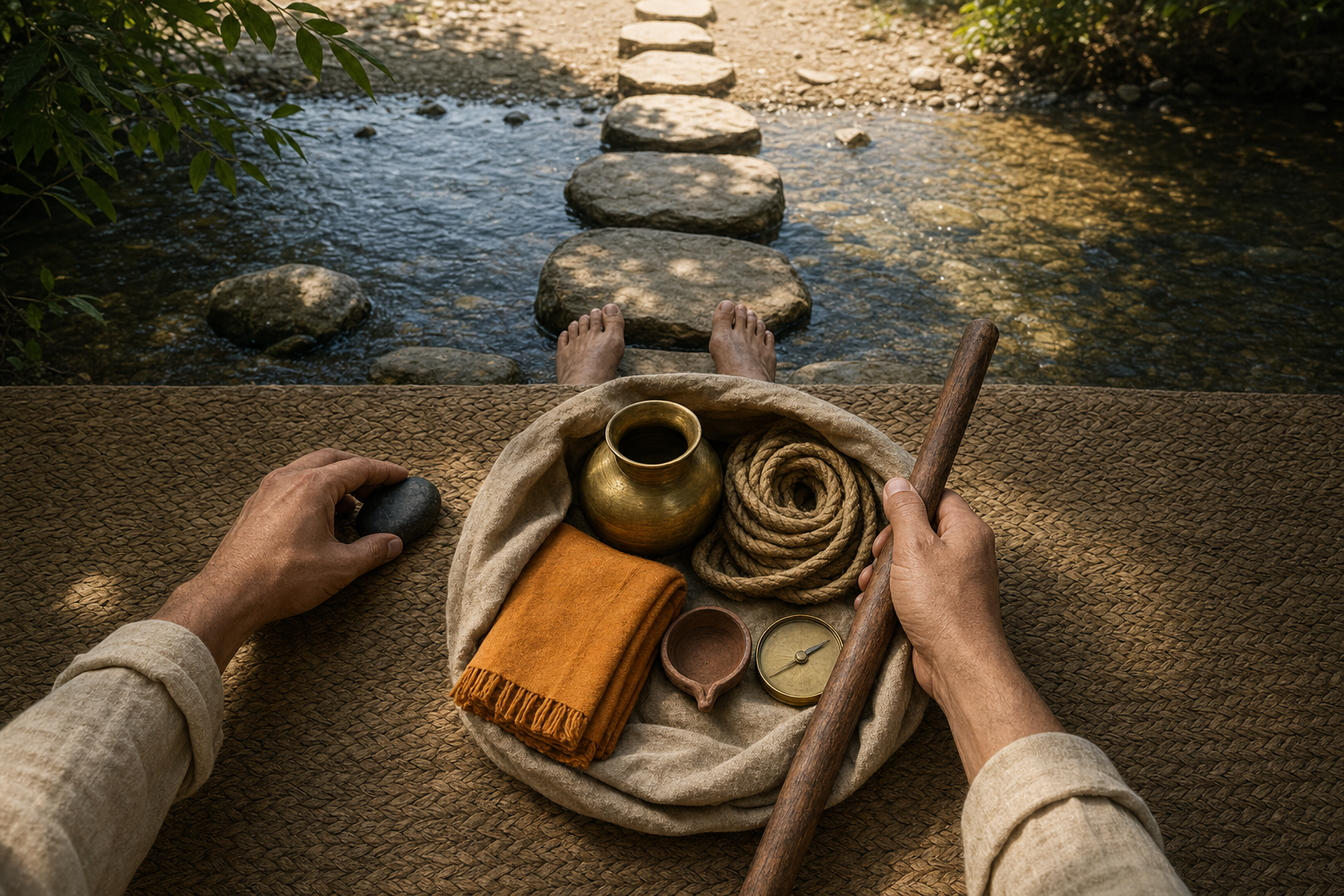 Hands choose a walking staff from a small bundle beside a stream while a dark stone is set aside and stepping stones lead toward the opposite bank.