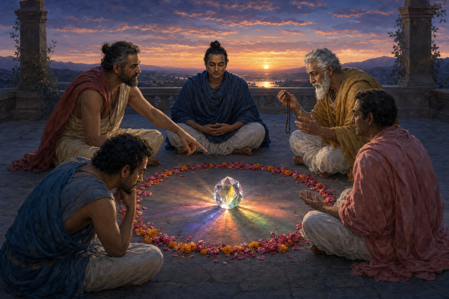Five thinkers sit respectfully in a circle, using observation, reasoning, meditation, and dialogue to examine a crystal at the center.