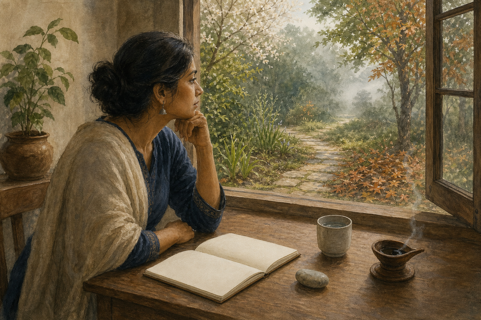A practitioner reflects beside a blank journal at dawn while subtle seasonal changes appear along the garden path outside.