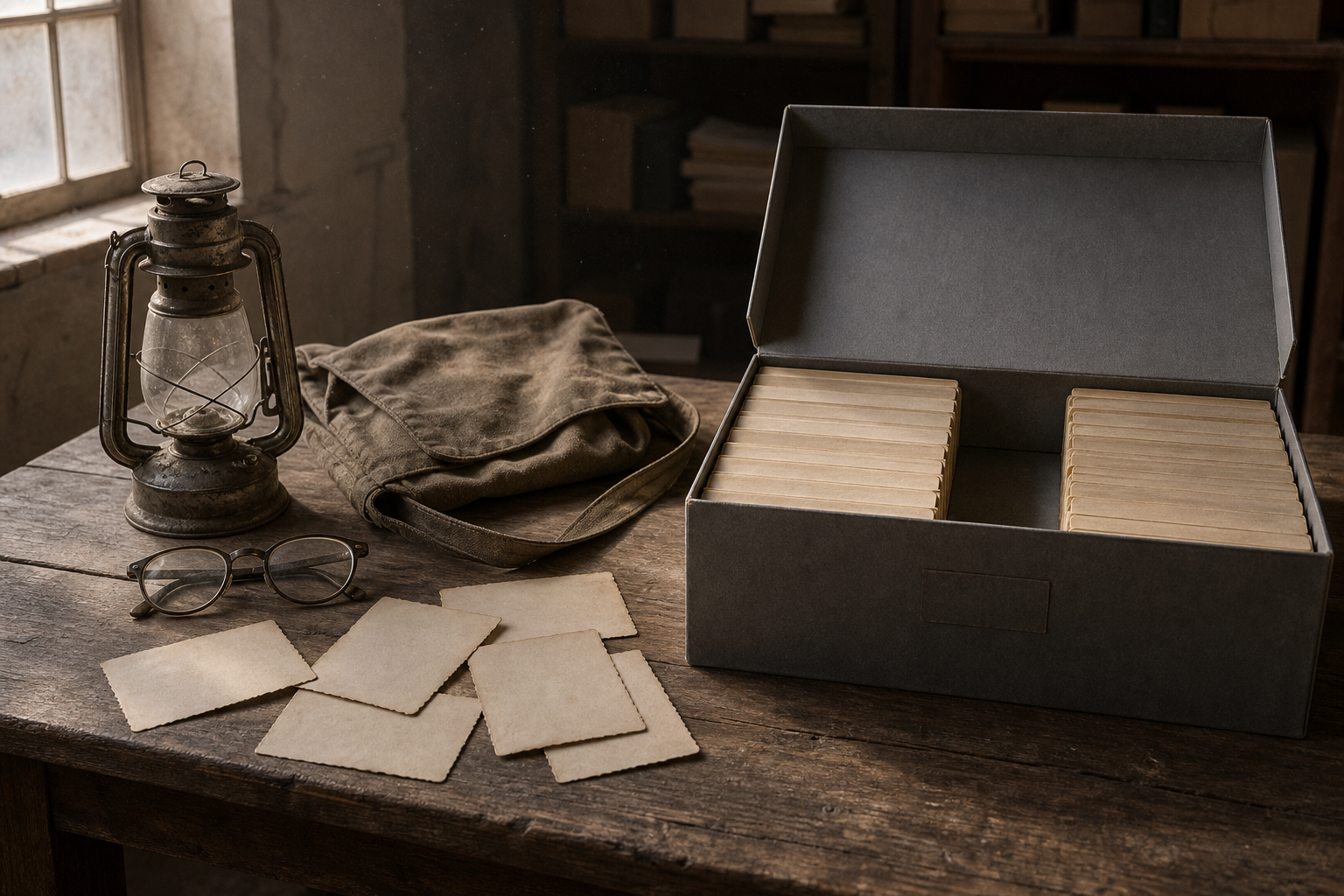 Preserved personal belongings and face-down photographs rest beside a mostly empty archival box on a wooden table.