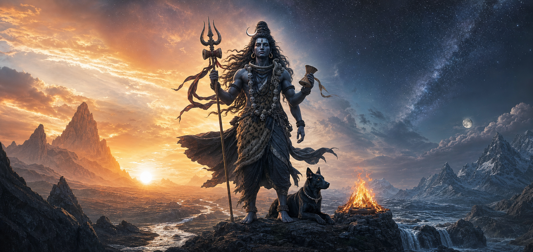Bhairava stands with a trident and drum in a cosmic landscape of stone, water, fire, windblown clouds, and stars, with a black dog at his feet and dawn changing into night behind him.