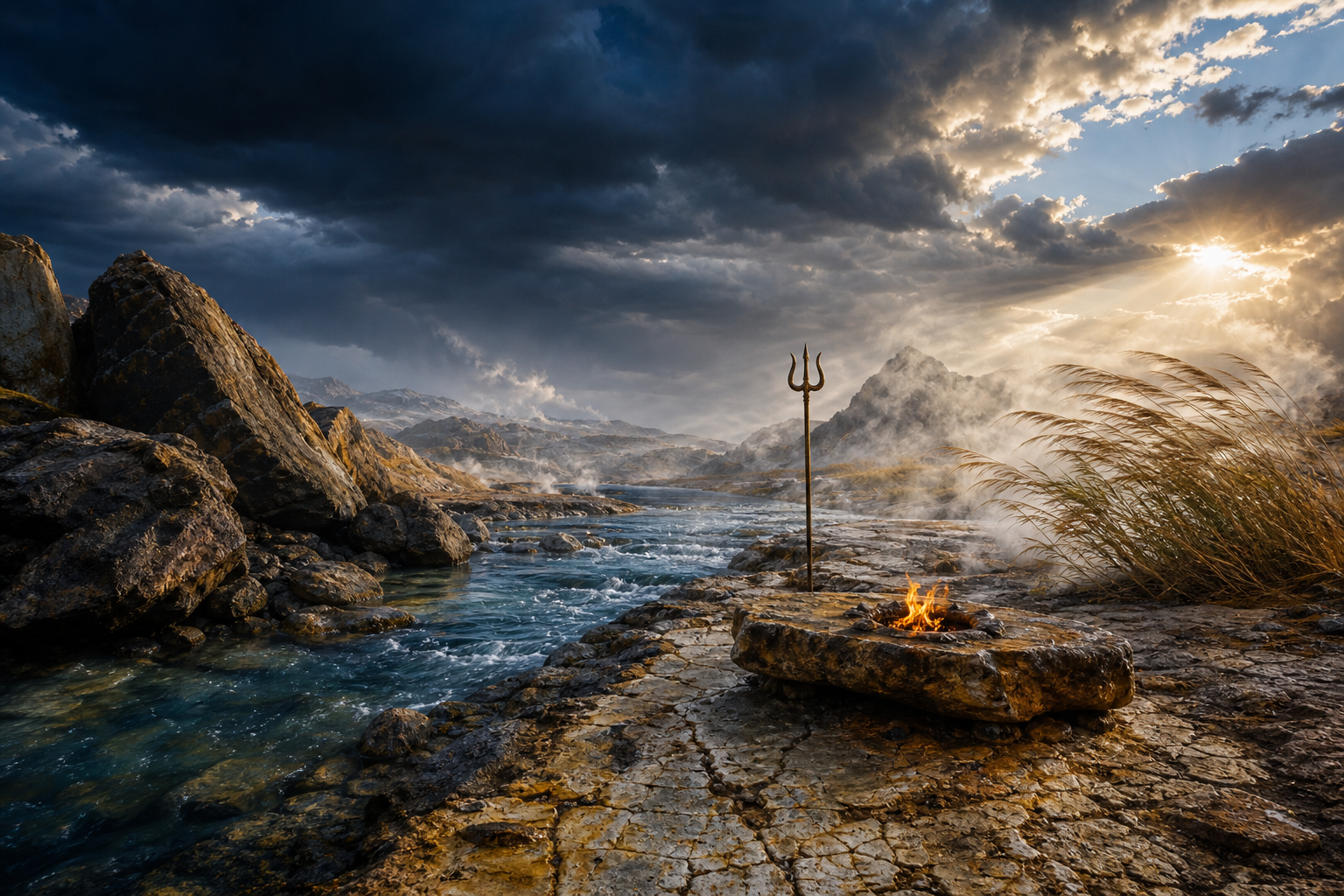 A trident stands where rocky ground, a flowing river, a small fire, windblown grasses, mist, and an open sky meet in one landscape.