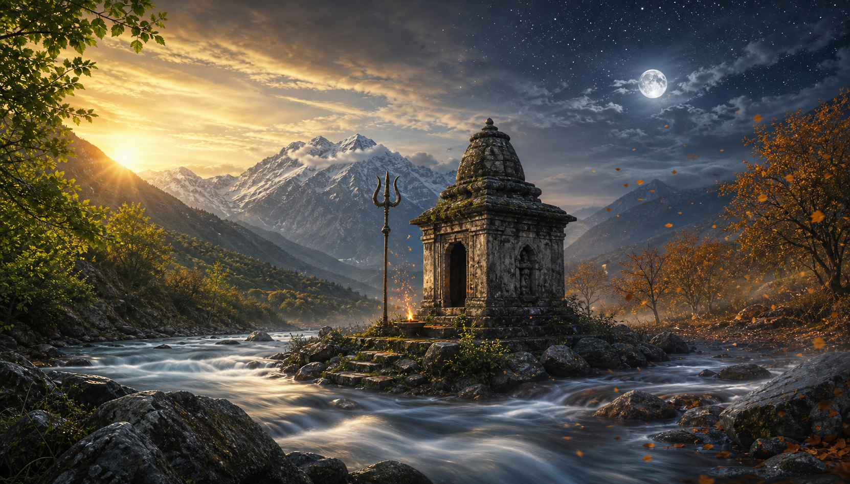 A weathered stone shrine and trident stand beside a river as snow melts, leaves change, sparks rise, and daylight blends into a starry night.