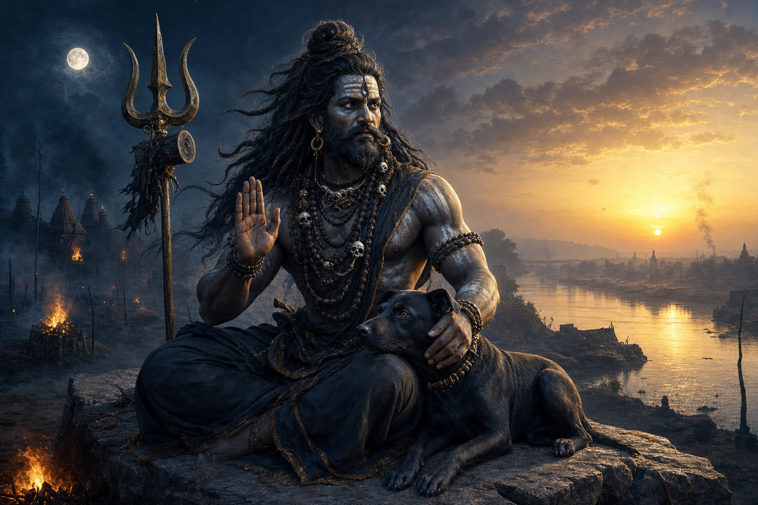 Bhairava sits beside a resting black dog with a trident nearby, raising one hand protectively as distant fires glow and dawn breaks over a river.