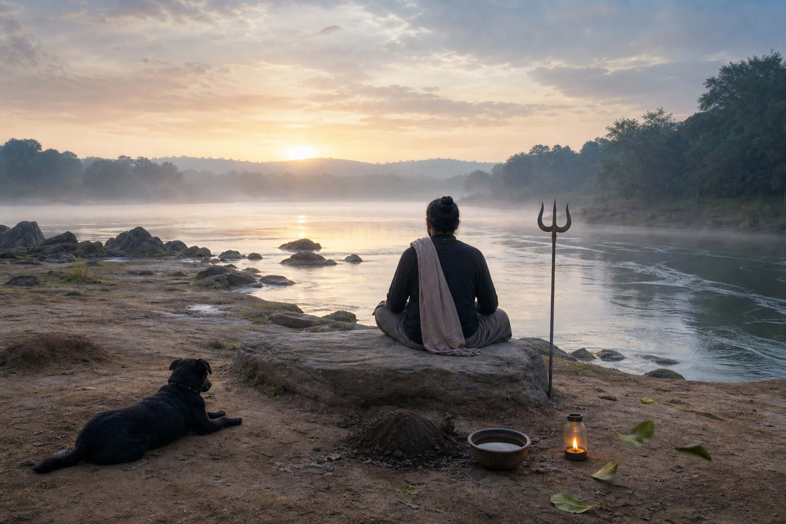 A seated practitioner meditates beside a river with earth, a water bowl, a small lamp, windblown leaves, a trident, and a resting black dog nearby.