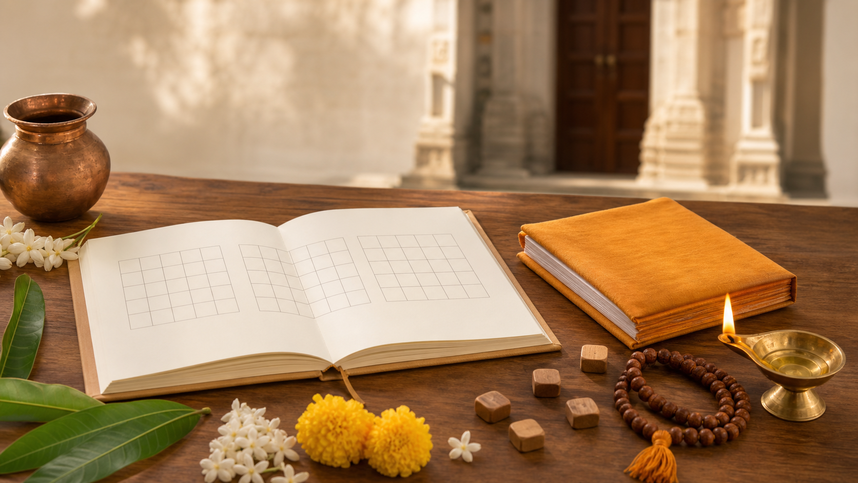 An unmarked planner beside a brass oil lamp, flowers, prayer beads, a copper vessel and a cloth-wrapped almanac on a wooden table.