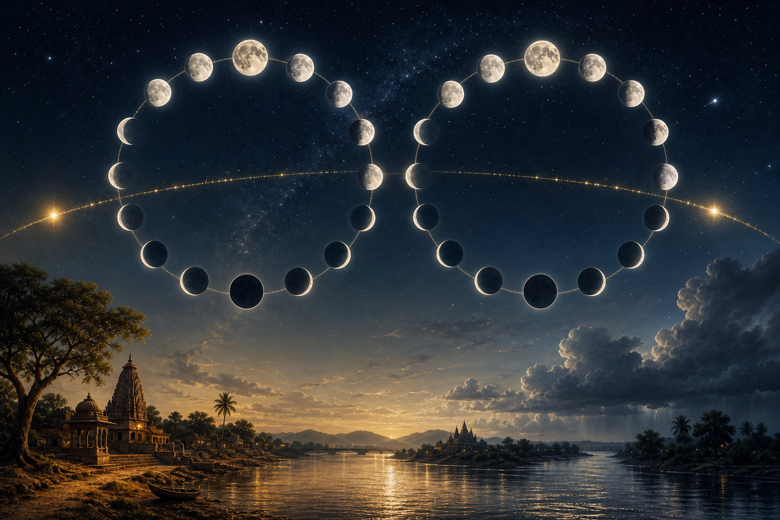 Two consecutive lunar-cycle rings appear beneath a golden solar arc above an Indian landscape and distant temple.