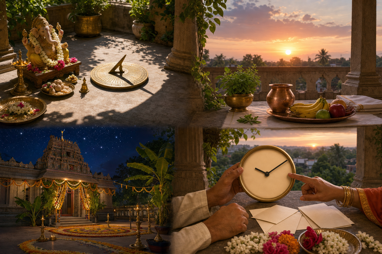 Four connected scenes show midday worship, a sunrise fasting arrangement, a starry temple evening and family members comparing local timing materials.