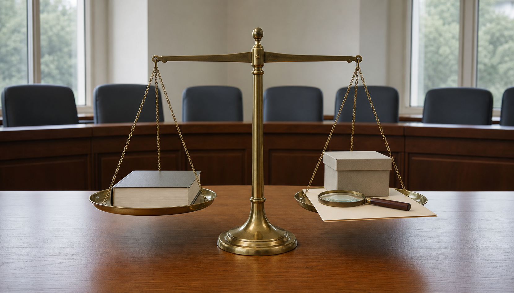 A balanced scale holds an unmarked library book opposite a folder, magnifying glass, and archive box on a committee table.